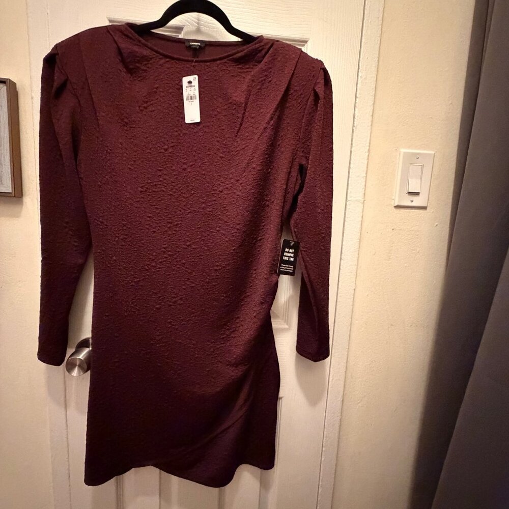 Express Textured Burgundy Ruched Wrap Dress – Long Sleeve, Size L (NWT)